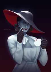 Rule 34 | 1girl, alcina dimitrescu, black gloves, blood, breasts, cleavage, cup, dress, earrings, flower, gloves, hat, highres, holding, jewelry, looking at viewer, napkin, necklace, orsanedraws, pale skin, pearl necklace, resident evil, resident evil village, rose, short hair