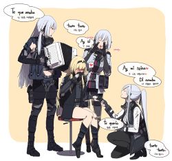 Rule 34 | 4girls, accordion, ak-12 (girls&#039; frontline), ak-15 (girls&#039; frontline), an-94 (girls&#039; frontline), black gloves, blonde hair, blush, boots, braid, closed eyes, commentary request, covering own mouth, defy (girls&#039; frontline), girls&#039; frontline, gloves, hairband, heart, highres, huqu, instrument, jacket, korean text, long hair, long sleeves, mixed-language text, multiple girls, music, open mouth, pants, partially fingerless gloves, playing instrument, ponytail, pouch, rpk-16 (girls&#039; frontline), short hair, silver hair, sitting, spanish text, speech bubble, spoken heart, tactical clothes, yuri