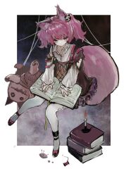 Rule 34 | 1girl, animal ear fluff, animal ears, arknights, black footwear, book, book stack, brown dress, candle, closed mouth, collared shirt, commentary request, dress, fire, frilled dress, frills, full body, hair ornament, highres, long sleeves, looking at viewer, open book, pantyhose, pomopomoinu, puffy long sleeves, puffy sleeves, purple eyes, purple hair, see-through, shamare (arknights), shirt, shoes, sleeves past wrists, solo, stuffed animal, stuffed dog, stuffed toy, tail, twintails, white pantyhose, white shirt