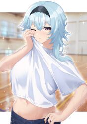 Rule 34 | 1girl, absurdres, alternate costume, black hairband, black shorts, blue hair, blurry, blurry background, border, breasts, brown eyes, closed mouth, eula (genshin impact), genshin impact, gym, hairband, hand on own hip, highres, kirima (user danf8787), large breasts, letterboxed, light particles, looking at viewer, medium hair, midriff, navel, one eye closed, shirt, shorts, solo, stomach, sweat, upper body, white border, white shirt, wiping face, wiping sweat, wiping with clothes