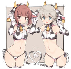 Rule 34 | alternate costume, animal ears, animal print, aqua eyes, bell, bikini, breasts, brown eyes, brown hair, closed mouth, cow ears, cow print, cow print bikini, cow tail, cowbell, elbow gloves, fake animal ears, gloves, grey hair, heart, heart tail, horns, kantai collection, odawara hakone, open mouth, print bikini, short hair, side-tie bikini bottom, sidelocks, simple background, small breasts, sweat, swimsuit, tail, thighhighs, two-tone background, z1 leberecht maass (kancolle), z3 max schultz (kancolle)