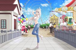Rule 34 | 1girl, :d, arm behind head, arm up, bag, balloon, blouse, blue eyes, blue pants, boots, breasts, carousel, crop top, denim, ferris wheel, full body, hair ribbon, highres, leg up, long hair, looking at viewer, medium breasts, midriff, multiple others, open mouth, original, pants, park, pul (gks569), ribbon, shirt, short sleeves, shoulder bag, smile, standing, standing on one leg, stomach, white footwear, white hair, white shirt