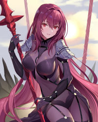 Rule 34 | 1girl, absurdres, armor, bodysuit, breasts, covered navel, fate/grand order, fate (series), gae bolg (fate), hair between eyes, highres, hip focus, large breasts, long hair, looking at viewer, pauldrons, polearm, purple bodysuit, purple hair, red eyes, scathach (fate), shoulder armor, smile, solo, spear, sunlight, teffish, weapon