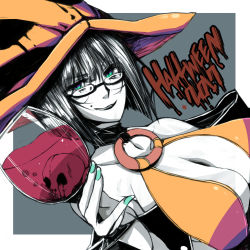 Rule 34 | 1girl, arc system works, bare shoulders, black hair, blue eyes, breasts, cleavage, cup, drinking glass, glasses, guilty gear, hat, i-no, large breasts, looking at viewer, mole, mole above mouth, wine glass, witch hat