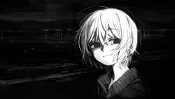 1girl beach chou_(danny8461) commentary_request greyscale highres jacket looking_at_viewer monochrome night original outdoors short_hair sky smile solo upper_body water