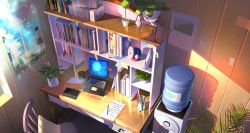 Rule 34 | basket, book, bookshelf, chair, computer, desk, figure, from above, headphones, highres, ice climber, indoors, kimi no na wa., kirby, kirby (series), laptop, miyamizu mitsuha, nintendo, no humans, note, original, paper, pencil, plant, popo (ice climber), poster (object), potted plant, scenery, shadow, spanish text, speaker, sticky note, tachibana taki, water cooler, window, xingzhi lv