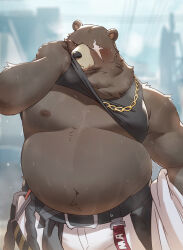 Rule 34 | 1boy, absurdres, animal ears, bara, bear boy, bear ears, belly, ben bigger, black shirt, blush, clothes pull, commentary, english commentary, fat, fat man, formal, furry, furry male, highres, looking at viewer, male focus, navel, nipples, one-eyed, pants, pectorals, scar, scar across eye, scar on face, shirt, shirt pull, sleeveless, sleeveless shirt, suit, sweat, tevit (tevit15), very sweaty, white pants, white suit, wiping face, wiping sweat, zenless zone zero