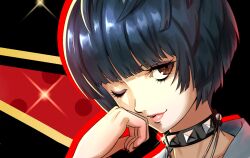 Rule 34 | 1girl, black background, black hair, choker, collar, doctor, jewelry, k.ty (amejin), lab coat, necklace, one eye closed, orange eyes, persona, persona 5, pink lips, red nails, smile, spiked choker, spikes, studded choker, studded collar, takemi tae, upper body