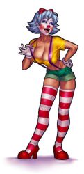 Rule 34 | 1girl, breasts, cachet, cleavage, clown, female focus, giggles (aeolus06), gloves, high heels, makeup, midriff, one eye closed, open mouth, resized, short hair, short shorts, shorts, smile, solo, striped clothes, striped thighhighs, suspenders, thighhighs, wink