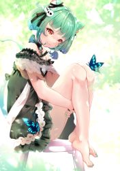 Rule 34 | 1girl, absurdres, animal ears, bare shoulders, barefoot, black choker, black dress, black ribbon, blue hair, butterfly on knee, cat ears, choker, closed mouth, dress, extra ears, fingernails, flat chest, frilled dress, frilled straps, frills, from side, full body, gradient hair, green hair, green nails, hair ornament, hair ribbon, highres, hololive, hugging own legs, knees to chest, knees up, looking at viewer, low twintails, medium hair, multicolored hair, nail polish, off-shoulder dress, off shoulder, on chair, pom pom (clothes), pom pom hair ornament, red eyes, ribbon, see-through, see-through sleeves, short dress, short sleeves, short twintails, sidelocks, sitting, skull hair ornament, slit pupils, smile, solo, tibirolu, toenail polish, toenails, twintails, uruha rushia, uruha rushia (3rd costume), virtual youtuber, wristband