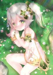 Rule 34 | 1girl, bare shoulders, blush, closed mouth, commentary request, dress, feet out of frame, flower, flower-shaped pupils, genshin impact, green eyes, green hair, grey hair, hair between eyes, hands up, knee up, looking at viewer, lying, multicolored hair, nahida (genshin impact), on grass, on side, pointy ears, renew vivi, side ponytail, sleeveless, sleeveless dress, solo, streaked hair, symbol-shaped pupils, white dress, white flower