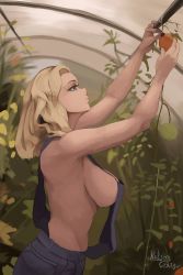 Rule 34 | 1girl, absurdres, armpits, artist name, black nails, blonde hair, blue eyes, breasts, eyelashes, food, from side, fruit, greenhouse, highres, large breasts, nail polish, naked overalls, niksoncrazy, original, overalls, plant, sideboob, signature, solo, upper body