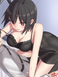 Rule 34 | 1boy, 1girl, bare shoulders, black hair, blush, breasts, cleavage, collarbone, elfenlied22, fate/grand order, fate (series), fujimaru ritsuka (male), girl on top, head wings, highres, open mouth, ortlinde (fate), red eyes, short hair, smile, valkyrie (fate), wings