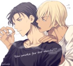 Rule 34 | 2boys, akai shuuichi, amuro tooru, black hair, black shirt, blonde hair, blue eyes, cigarette, commentary request, dark-skinned male, dark skin, english text, green eyes, hair between eyes, hand on another&#039;s shoulder, holding, holding cigarette, looking at another, looking at object, male focus, mashima shima, meitantei conan, multiple boys, notice lines, open mouth, parted lips, shirt, simple background, smoke, teeth, twitter username, upper body, upper teeth only, white background, white shirt