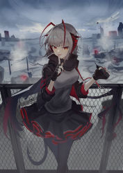 Rule 34 | 1girl, absurdres, antennae, arknights, black jacket, black nails, black pantyhose, black scarf, black skirt, breasts, chain-link fence, commentary request, feet out of frame, fence, grey hair, grey shirt, hands up, highres, holding, horns, jacket, large breasts, long sleeves, looking at viewer, miniskirt, nail polish, natsuba002, open clothes, open jacket, outdoors, pantyhose, parted lips, red eyes, red nails, scarf, shirt, short hair, skirt, smile, solo, standing, tail, w (arknights)