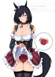 Rule 34 | 1girl, absurdres, animal ears, black hair, black thighhighs, blue eyes, breasts, cleavage, cowboy shot, eishin flash (umamusume), frilled sleeves, frills, highres, horse ears, horse girl, horse tail, large breasts, lifting own clothes, looking at viewer, mosamosaobake, smile, solo, tail, thighhighs, umamusume