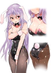 Rule 34 | 1girl, alternate costume, animal ears, ass, asuzemu, bad id, bad twitter id, bare arms, bare shoulders, black bow, bow, bowtie, breasts, cleavage, collarbone, commentary request, covered navel, covering privates, covering breasts, detached collar, embarrassed, highres, leotard, long hair, looking at viewer, medium breasts, multiple views, pantyhose, parted lips, playboy bunny, purple hair, rabbit ears, rabbit girl, rabbit tail, red eyes, reisen udongein inaba, shiny clothes, simple background, sweatdrop, tail, thighs, touhou, very long hair, white background, wrist cuffs