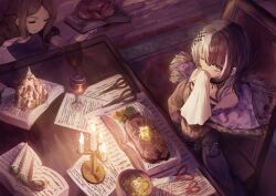 Rule 34 | 2girls, black hair, book, candelabra, candlestand, chicken (food), cup, drinking glass, food, from above, grey hair, hardboiled egg, highres, hololive, hololive english, maid, multicolored hair, multiple girls, one eye closed, open book, scissors, shiori novella, shiori novella (1st costume), solar torch, split-color hair, steak, virtual youtuber, wine glass, wiping mouth, yellow eyes