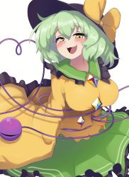Rule 34 | 1girl, black hat, blush, bow, breasts, green eyes, green hair, green skirt, half-closed eyes, hat, hat bow, heart, heart of string, highres, komeiji koishi, large breasts, long sleeves, open mouth, polyhedron2, shirt, short hair, simple background, skirt, smile, solo, third eye, touhou, white background, wide sleeves, yellow bow, yellow shirt