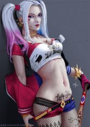 Rule 34 | 1girl, against wall, baseball bat, batman (series), black bra, black panties, blonde hair, bra, bracelet, breasts, candy, choker, cleavage, clothes pull, crop top, dc comics, dccu, fishnet pantyhose, fishnets, food, harley quinn, jacket, jewelry, karl liversidge, lollipop, looking at viewer, makeup, midriff, multicolored hair, navel, panties, pantyhose, short shorts, shorts, shorts pull, solo, spiked bracelet, spikes, stomach, suicide squad, tattoo, torn clothes, twintails, two-tone hair, underwear