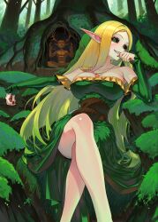 Rule 34 | 1girl, absurdres, black sclera, blonde hair, breasts, brown corset, cleavage, colored sclera, corset, dress, elf, fingernails, forest, gemi ningen, green dress, green eyes, grin, highres, jewelry, large breasts, long hair, looking at viewer, low neckline, moss, nail polish, nature, necklace, necklace between breasts, off-shoulder dress, off shoulder, original, pathfinder, pointy ears, red nails, sharp fingernails, sharp teeth, smile, solo, teeth