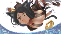 Rule 34 | 1girl, animal ears, bell, black hair, blush, breasts, brown kimono, cat ears, cat girl, cat tail, claws, cleavage, coin, commentary request, facial mark, feet out of frame, fisheye, grass, highres, holed coin, japanese clothes, jingle bell, kimono, kyuumei neko (onmyoji), large breasts, lets0020, medium hair, multiple tails, neck bell, onmyoji, open mouth, sky, slit pupils, smile, solo, tail, two tails, v-shaped eyebrows, whisker markings, white background, yellow eyes