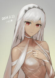 Rule 34 | 152 in can, 1girl, 2024, absurdres, altera (fate), bra, breasts, cleavage, closed mouth, collarbone, commentary, dark-skinned female, dark skin, dated, dated commentary, fate/extella, fate/extra, fate (series), gradient background, grey background, grey bra, highres, jewelry, long hair, looking at viewer, red eyes, ring, small breasts, smile, solo, straight hair, underwear, upper body, white hair, white veil