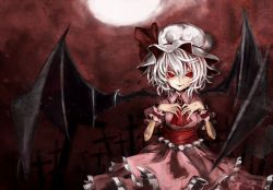 Rule 34 | 1girl, ascot, bat wings, brooch, cross, dress, frilled dress, frills, fugu (hg2gie), full moon, graveyard, hands on own chest, hat, jewelry, looking at viewer, mob cap, moon, pink dress, red eyes, red sky, remilia scarlet, silver hair, sky, smile, solo, touhou, upper body, wings