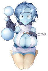 Rule 34 | 1girl, aqua skin, bare shoulders, black gloves, blue hair, boku no hero academia, breasts, bubble, bubble girl (boku no hero academia), cleavage, full body, gloves, grey eyes, hand on own chest, hot vr, large breasts, meme attire, open mouth, seiza, simple background, sitting, smile, solo, sweater, thighhighs, virgin killer sweater, white background, white sweater, yellow thighhighs