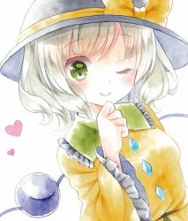 Rule 34 | 1girl, ;&gt;, black hat, bow, frilled shirt collar, frills, green eyes, grey hair, hand on own chin, hat, hat bow, heart, kagome f, komeiji koishi, long sleeves, looking at viewer, painting (medium), shirt, short hair, simple background, solo, tareme, third eye, touhou, traditional media, upper body, watercolor (medium), white background, wide hips, yellow bow, yellow shirt