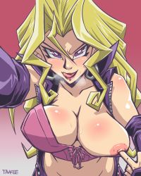 Rule 34 | 1girl, :q, areola slip, arm up, arm warmers, blonde hair, blush, breasts, breath, corset, earrings, female focus, flashing, gradient background, hair between eyes, hoop earrings, jacket, jewelry, kujaku mai, large breasts, licking lips, light blush, lipstick, long hair, looking at viewer, makeup, naughty face, navel, nipple slip, nipples, no bra, one breast out, purple eyes, red lips, simple background, smile, solo, sweat, taafee, tongue, tongue out, upper body, yu-gi-oh!, yu-gi-oh! duel monsters