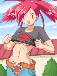 Rule 34 | 00s, 1girl, babydoll t-shirt, belt, breasts, clothes lift, creatures (company), crop top, day, flannery (pokemon), game freak, gym leader, happy, large breasts, lowres, midriff, nintendo, no bra, open fly, outdoors, panties, pink eyes, pink hair, pink panties, pokemoa, pokemon, pokemon rse, quad tails, shirt, shirt lift, solo, striped clothes, striped panties, t-shirt, underboob, underwear, undressing, unzipped, zipper