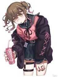 Rule 34 | 1girl, alternate costume, alternate hair color, alternate hairstyle, belt, black choker, black nails, blush, bokukawauso, brown eyes, brown hair, can, choker, drinking straw, energy drink, hair ornament, hair ribbon, highres, holding, holding can, inazuma (kancolle), jacket, jewelry, kantai collection, kuro4221, leaning forward, long sleeves, looking at viewer, monster energy, nail polish, o-ring, o-ring thigh strap, open clothes, open jacket, parted lips, pink hair, pink ribbon, pleated skirt, ribbon, ring, sailor collar, school uniform, serafuku, shirt, signature, simple background, skirt, solo, thigh strap, two side up, white background, yellow eyes