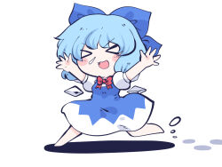 Rule 34 | &gt; &lt;, 1girl, barefoot, blue bow, blue dress, blue eyes, blue hair, blush stickers, bow, chahan (fried rice0614), cirno, detached wings, dress, fairy, hair bow, ice, ice wings, one-hour drawing challenge, open mouth, puffy short sleeves, puffy sleeves, shirt, short hair, short sleeves, smile, solo, touhou, white shirt, wings