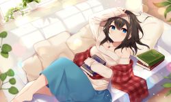 Rule 34 | 1girl, bad id, bad pixiv id, barefoot, black hair, blue eyes, blush, book, breasts, hairband, highres, holding, holding book, idolmaster, jewelry, large breasts, long hair, looking at viewer, mafuyu (chibi21), necklace, off-shoulder, off-shoulder sweater, off shoulder, ribbed sweater, sagisawa fumika, shawl, solo, sweater