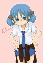Rule 34 | &gt;:(, 1girl, :t, annoyed, blue eyes, blue hair, clothes around waist, frown, cube hair ornament, hair ornament, looking at viewer, masha, matching hair/eyes, naganohara mio, necktie, nichijou, pout, short hair, short twintails, skirt, solo, twintails, v-shaped eyebrows