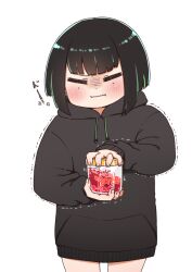 Rule 34 | 1girl, allmind (armored core 6), armored core, armored core 6, black hair, black hoodie, blush, closed eyes, closed mouth, commentary request, cowboy shot, drawstring, facing viewer, green hair, highres, holding, hood, hood down, hoodie, i.u.y, long sleeves, multicolored hair, puffy long sleeves, puffy sleeves, simple background, sleeves past wrists, solo, standing, streaked hair, translation request, trembling, white background