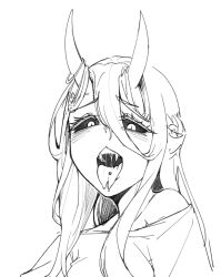 Rule 34 | 1girl, colored sclera, demon horns, fangs, forked tongue, greyscale, hair between eyes, highres, horns, long hair, looking at viewer, monochrome, original, piercing, portrait, sake goroke, saliva, shirt, single bare shoulder, slit pupils, solo, tongue, tongue out, tongue piercing