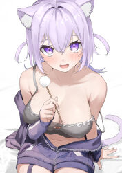 Rule 34 | 1girl, animal ear fluff, animal ears, armpit crease, bare shoulders, blush, breasts, camisole, cat ears, cat girl, cat tail, cleavage, commentary request, from above, grey camisole, highres, hololive, jacket, large breasts, looking at viewer, medium hair, mimikaki, mitsuru (pixiv 34028718), navel, nekomata okayu, nekomata okayu (membership), no bra, off shoulder, official alternate costume, open mouth, partially unzipped, purple eyes, purple hair, purple jacket, sitting, solo, stomach, strap slip, tail, two side up, virtual youtuber