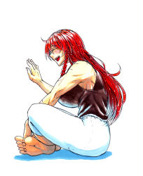 Rule 34 | arm between legs, black shirt, braid, breasts, commentary, commentary request, closed eyes, from side, hong meiling, huge breasts, koyubi (littlefinger1988), crossed legs, long hair, muscular, muscular female, no bra, open mouth, pants, red hair, scar, shirt, simple background, sitting, solo, tongue, touhou, twin braids, white background, white pants