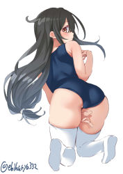 Rule 34 | 1girl, ass, black hair, black one-piece swimsuit, blush, brown eyes, ebifurya, from behind, full body, hatsushimo (kancolle), highres, kantai collection, long hair, looking back, low-tied long hair, one-hour drawing challenge, one-piece swimsuit, school swimsuit, simple background, solo, swimsuit, thighhighs, twitter username, very long hair, white background, white thighhighs