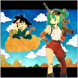 Rule 34 | 1boy, 1girl, :d, aqua eyes, aqua hair, bad id, bad twitter id, bag, bandages, black eyes, black hair, blue sky, boots, border, bulma, carrying, cloud, cloudy sky, crossed legs, day, denim, dougi, dragon ball, dragon ball (classic), expressionless, floating, flying nimbus, gloves, goggles, goggles on head, gun, hand on own hip, hand on own face, happy, highres, jeans, letterboxed, looking away, mountain, open mouth, outdoors, over shoulder, pants, rock, shirt, short hair, sitting, sky, sleeves rolled up, smile, son goku, spiked hair, spread legs, standing, tail, teeth, toritoki (trig tkdb), torn clothes, tree, upper teeth only, weapon, weapon over shoulder, white border, white shirt, wristband