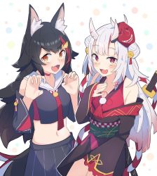 Rule 34 | 2girls, :3, :d, animal ear fluff, animal ears, bell, black hair, blush, brown eyes, claw pose, commentary request, detached sleeves, double bun, fang, hair bell, hair bun, hair ornament, hand on own chest, highres, hololive, horns, kouhaku nawa, kyutai x, long hair, long sleeves, looking at viewer, mask, mask on head, multicolored hair, multiple girls, nakiri ayame, nakiri ayame (1st costume), navel, necktie, off shoulder, oni mask, ookami mio, ookami mio (1st costume), open mouth, red eyes, red hair, rope, sailor collar, shimenawa, skin-covered horns, skin fang, smile, stomach, streaked hair, virtual youtuber, weapon, weapon on back, white background, white hair, wolf ears, wolf girl