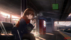 Rule 34 | 1girl, absurdres, black pantyhose, blazer, blue jacket, blunt bangs, breath, brown hair, can, cardigan, clock, closed eyes, cropped legs, drink, english text, enpera, hair ornament, hairclip, highres, holding, holding can, jacket, leaning forward, lens flare, long hair, mountain, myria (7855), open mouth, original, outdoors, pantyhose, plaid, plaid scarf, red scarf, scarf, scenery, school uniform, shirt, signature, sitting, smile, solo, stairs, sunrise, tactile paving, train station, tree, vending machine, white shirt, wide shot