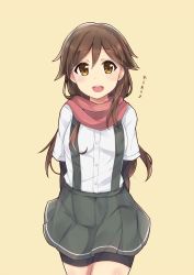 Rule 34 | 10s, 1girl, :d, arashio (kancolle), arm warmers, arms behind back, bike shorts, brown eyes, brown hair, cowboy shot, grey skirt, highres, kantai collection, long hair, looking at viewer, open mouth, pleated skirt, red scarf, scarf, shirt, short sleeves, skirt, smile, solo, suspenders, white shirt, yellow eyes, zhi zhi/zu zu