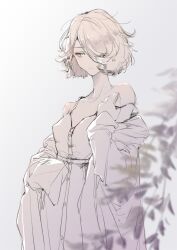Rule 34 | 1girl, arknights, bare shoulders, closed mouth, collarbone, dress, greyscale, hair over one eye, hand up, highres, holding strap, jacket, looking at viewer, mizukiring, monochrome, off shoulder, one eye covered, open clothes, open jacket, orchid (arknights), short hair, solo, spaghetti strap