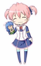 Rule 34 | 00s, 1boy, 1girl, alicia combatir, blue hair, blush, breasts, closed eyes, hand puppet, long hair, midriff, pink hair, puppet, regal bryan, ribbon, shoes, short hair, skirt, smile, tales of (series), tales of symphonia, thighhighs, twintails