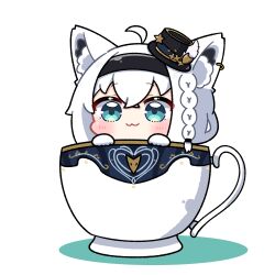 Rule 34 | 1girl, :3, ahoge, animal ear fluff, animal ears, aqua eyes, black hat, blush, braid, chibi, chibi only, closed mouth, commentary request, cup, dohoon, earrings, fox ears, fox girl, gloves, hat, highres, holding, hololive, in container, in cup, jewelry, long hair, looking at viewer, mini hat, mini person, mini top hat, minigirl, shirakami fubuki, shirakami fubuki (aristocrat kei), side braid, simple background, single earring, solo, teacup, top hat, virtual youtuber, white background, white gloves, white hair