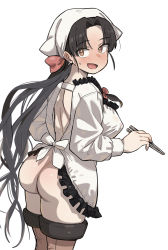 Rule 34 | 1girl, :d, apron, ass, back, black hair, blush, breasts, brown eyes, brown thighhighs, chopsticks, covered erect nipples, frills, geso smith, highres, kantai collection, large breasts, long hair, naked apron, no panties, open mouth, shouhou (kancolle), simple background, smile, solo, sweatdrop, thighhighs, white background, white headwear