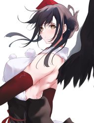 Rule 34 | 1girl, backless outfit, bare back, bare shoulders, black hair, black wings, blush, breasts, closed mouth, detached sleeves, dress, from side, fur, hair bun, hair strand, highres, large breasts, long sleeves, looking at viewer, looking to the side, medium hair, multicolored clothes, multicolored dress, nijisanji, red headwear, red sash, red sleeves, sash, sidelocks, single hair bun, sleeveless, solo, standing, upper body, virtual youtuber, white background, wings, yamagami karuta, yellow eyes, yuki maccha (yukimattya10)